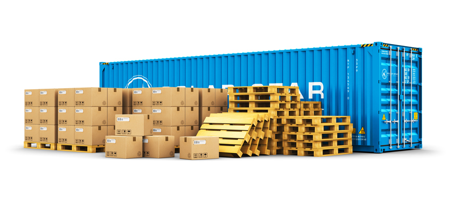 Cargo container and shipping pallets with cardboard boxes Cargo container and shipping pallets with cardboard boxes